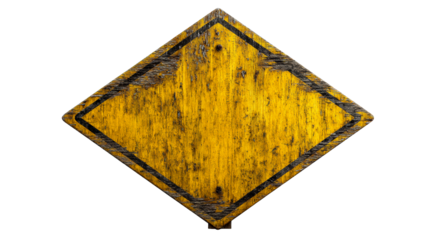 Weathered Yellow Diamond Warning Sign with Scratched Surface and Black Border, cut out transparent