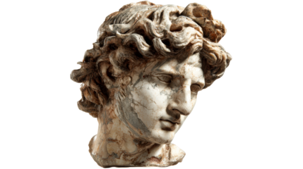 Ancient marble head sculpture showcasing textured curly hair and weathered features, cut out transparent