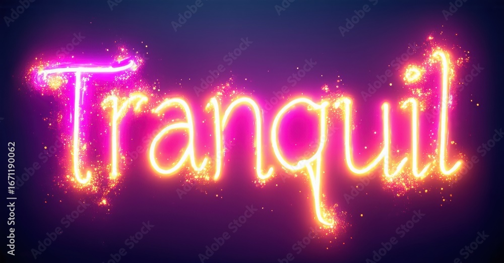 Poster bright neon text spells tranquil against dark purple background. sparkles enhance glowing script, cr