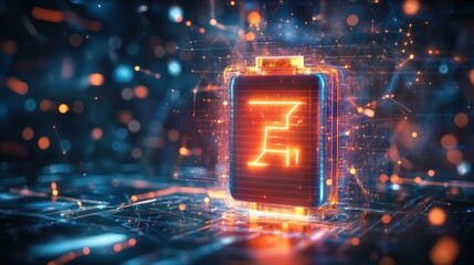 Futuristic neon battery icon glows amidst a network of energy particles