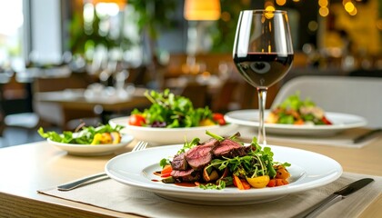 Enjoy fine dining with exquisite tenderloin salad and a rich glass of red wine at upscale restaurant