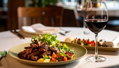 Elegant steak salad with vibrant greens and red wine creates a sophisticated dining experience