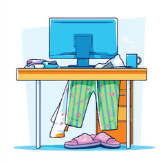 Obraz premium Desk setup with monitor, pajama pants, and slippers, creating a cozy workfromhome environment. Perfect for illustrating remote work or home office themes.