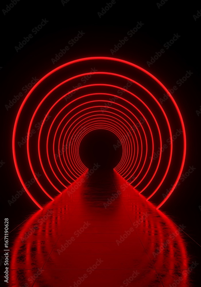 Poster a series of concentric red circles receding into the distance against a dark background, creating a 