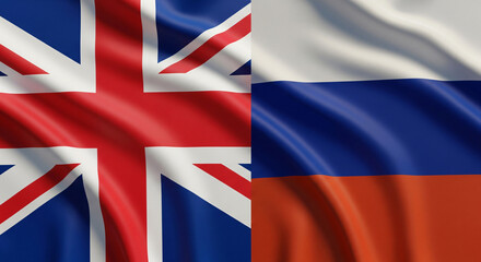 Fototapeta premium UK And Russia High Detail Fabric Flags With Folds Covering Full Canvas Split Screen Divided Design In Natural Lighting Realistic Dramatic JPG