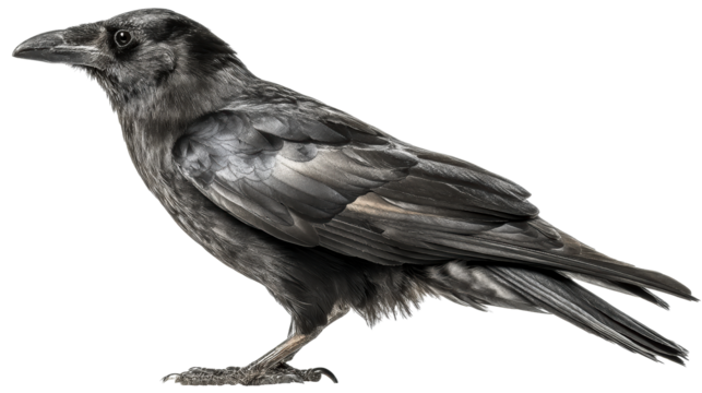 Detailed profile of a black raven standing with its head turned to the left against a white background, cut out transparent