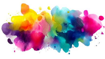 Abstract watercolor wash with vibrant, blended colors and splashes, cut out transparent