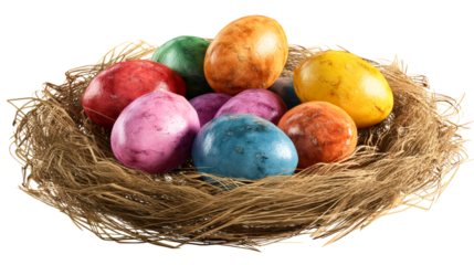 Colorful speckled eggs resting in a natural straw nest, cut out transparent