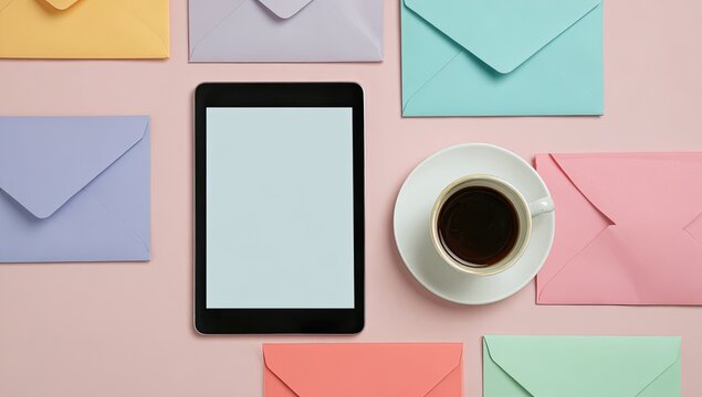 Flat lay of a tablet, coffee cup, and colorful envelopes on a pastel pink background