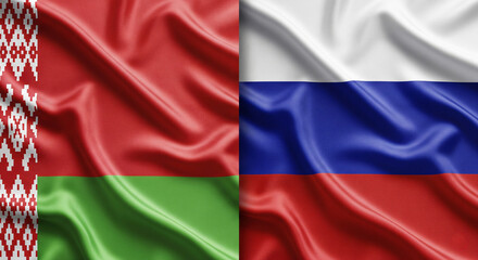Belarus And Russia Fabric Flags Split Screen Divided With High Detail Texture And Subtle Folds Covering Full Canvas Dramatic Vignette Lighting JPG