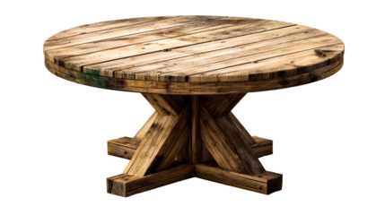 Sturdy Rustic Wooden Round Dining Table with Pedestal Base, cut out transparent