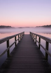 Obraz premium A wooden pier extends into a tranquil lake at sunrise, shrouded in a light mist.