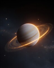 A ringed planet glows with golden light in deep space.  A swirling, luminous ring encircles a pale, banded planet.  Scattered stars dot the dark expanse