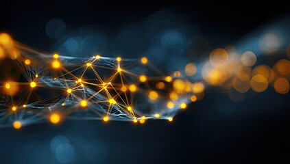 Abstract network design, glowing nodes connected by lines, a stream of data or connection in dark background