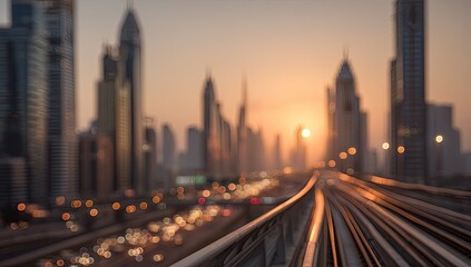 Blurry cityscape at sunset, metro tracks foreground