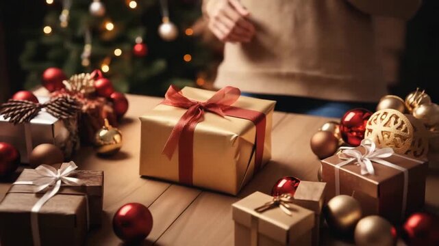 Christmas presents delivery service. New Year video. Preparation for holidays. Hands hold gift box wrapped in beige paper on wooden table. Concept of holidays sale, shopping and gift wrapping.