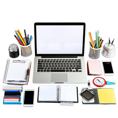 Flat lay of various office supplies and devices.  A laptop computer, pens, pencils, notebooks, and mobile phones are neatly arranged