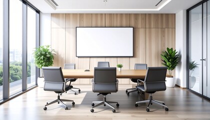 Business meeting space with wooden desk, ergonomic chairs, and blank mockup screen for branding, advertising, or corporate display
