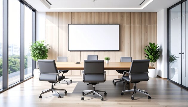 Business meeting space with wooden desk, ergonomic chairs, and blank mockup screen for branding, advertising, or corporate display