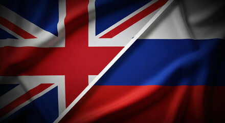 Fototapeta premium UK And Russia Fabric Flags Split Screen Diagonally With High Detail Texture And Folds Covering Full Canvas Divided Dramatic Vignette Lighting JPG