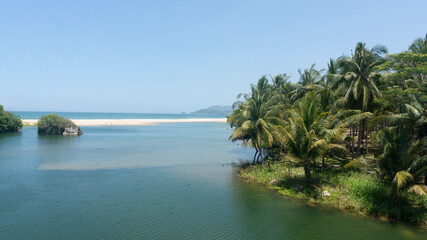 Obraz premium Sunny Tropical Beach with Lagoon, Palm Trees, and Clear Blue Sky