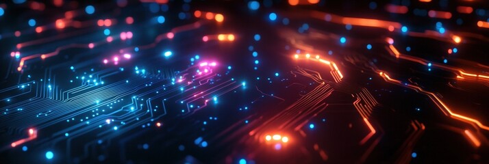 Fototapeta premium A colorful close-up of a circuit board with bright lights, showcasing intricate electronic pathways and a futuristic aesthetic.