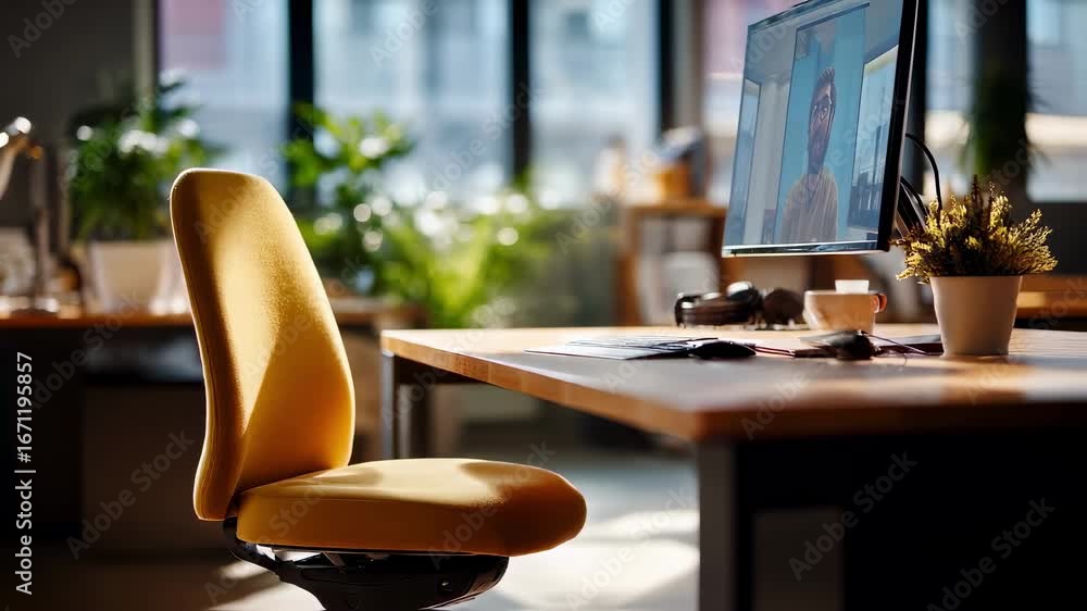 Poster medium shot of a modern home office chair and a blurred computer monitor displaying a video call emp