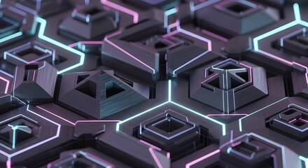 Abstract dark geometric pattern with glowing neon lines creating a futuristic digital texture and intricate grid design.