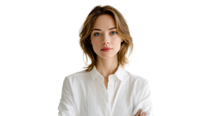 Portrait of a confident woman with light brown hair and blue eyes looking directly at the camera, cut out transparent