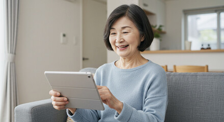 タブレットを操作するシニア女性