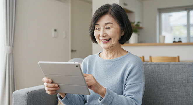 タブレットを操作するシニア女性