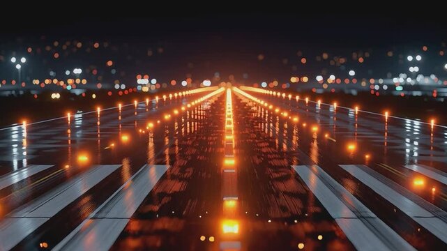 Runway Night Lights: The city lights glow, illuminating the vast concrete runway as a symbol of travel and journey. It captures a stunning display of light and form in the dark sky.