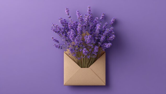 Lavender blooms nestled in a kraft envelope against a vibrant purple backdrop