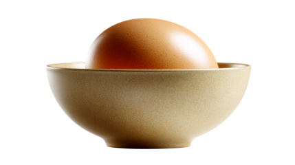 Single brown egg resting in a ceramic bowl against a white background, cut out transparent