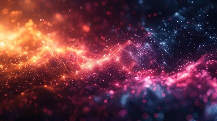 Fototapeta premium Abstract neon glowing energy waves from dotted line particles with blur effect on dark background, Futuristic modern backdrop design for business, presentation, ads, banner, website, wallpaper screen.