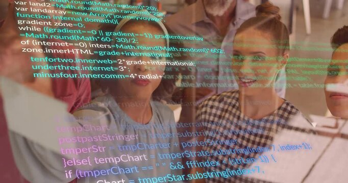 Woman explaining to team in office while lifting tablet showing scrolling JavaScript HTML code