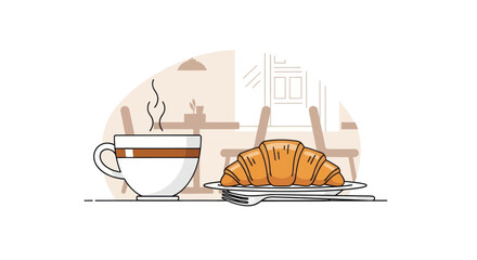 Serene morning: Coffee cup with steam and freshly baked croissant flat lay illustration