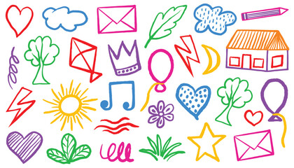 Crayon hand drawn icon background. Children school pencil sketch bg. Cute Summer flower, cloud, house, rainbow, heart, power, crown, massage, sun vector kid sketch illustration. Color pencil doodle