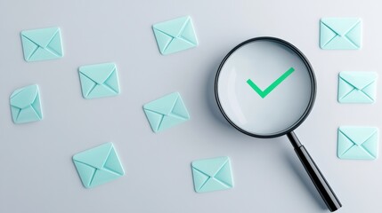A magnifying glass highlights a green checkmark on an envelope among several light blue envelopes, symbolizing verification or approval in communication.
