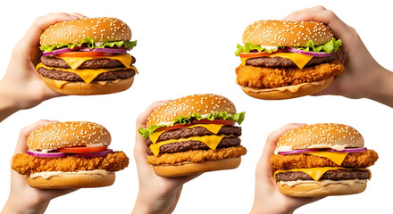 Collection of delicious burgers held in hands isolated on transparent background