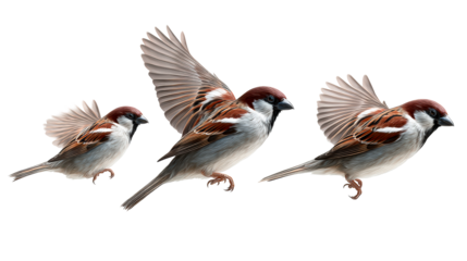 Three sparrows in mid-flight with wings outstretched against a white background, cut out transparent