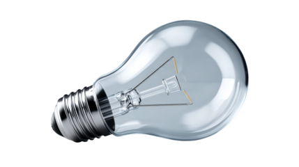 Clear glass incandescent light bulb with metallic base on a light surface, cut out transparent