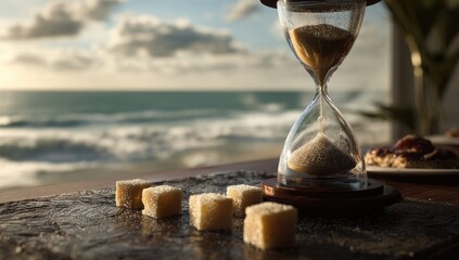 Hourglass on a beachside table.  Golden hour light filters through clouds over ocean waves.  Small, pale yellow treats are placed near the sand timer