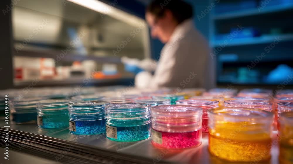 Poster medium shot of crispr plasmid containers arranged in front of laminarflow cabinet with scientist wor