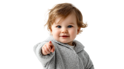 Smiling toddler points forward wearing a cozy knit sweater, cut out transparent