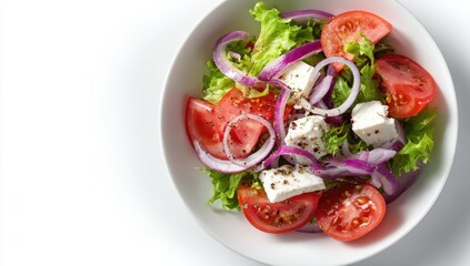 Fresh salad bowl with tomato, onion, lettuce, and cheese