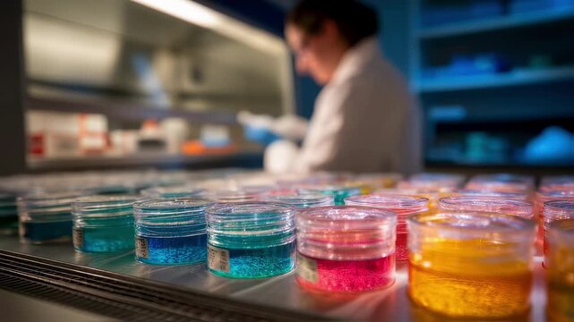 Medium shot of CRISPR plasmid containers arranged in front of laminarflow cabinet with scientist working in blurred background ensuring pathogenfree conditions.