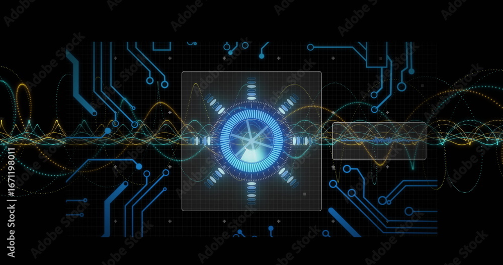 Aufkleber showing glowing blue hub on grid ui with translucent square overlay, waveforms, circuits and icons