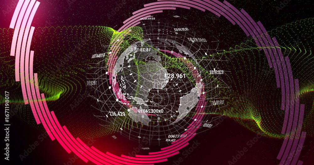 Poster displaying 3d earth globe rotating in interface, with numeric labels, waveforms and magenta arcs
