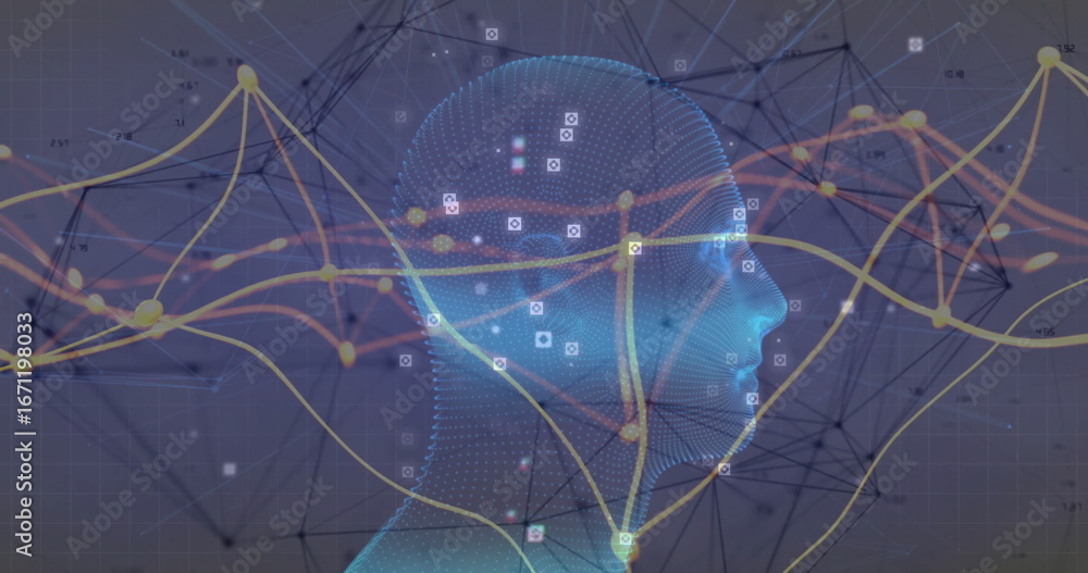 Aufkleber Displaying 3D mesh head linking data nodes with lines in virtual network, with floating data icons